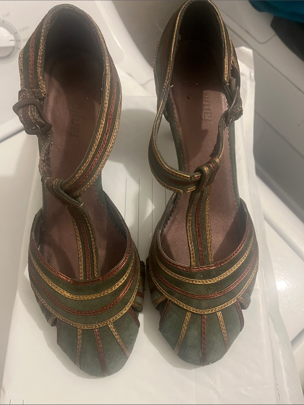Farylrobin Olive Green Multicolor Strappy Heels